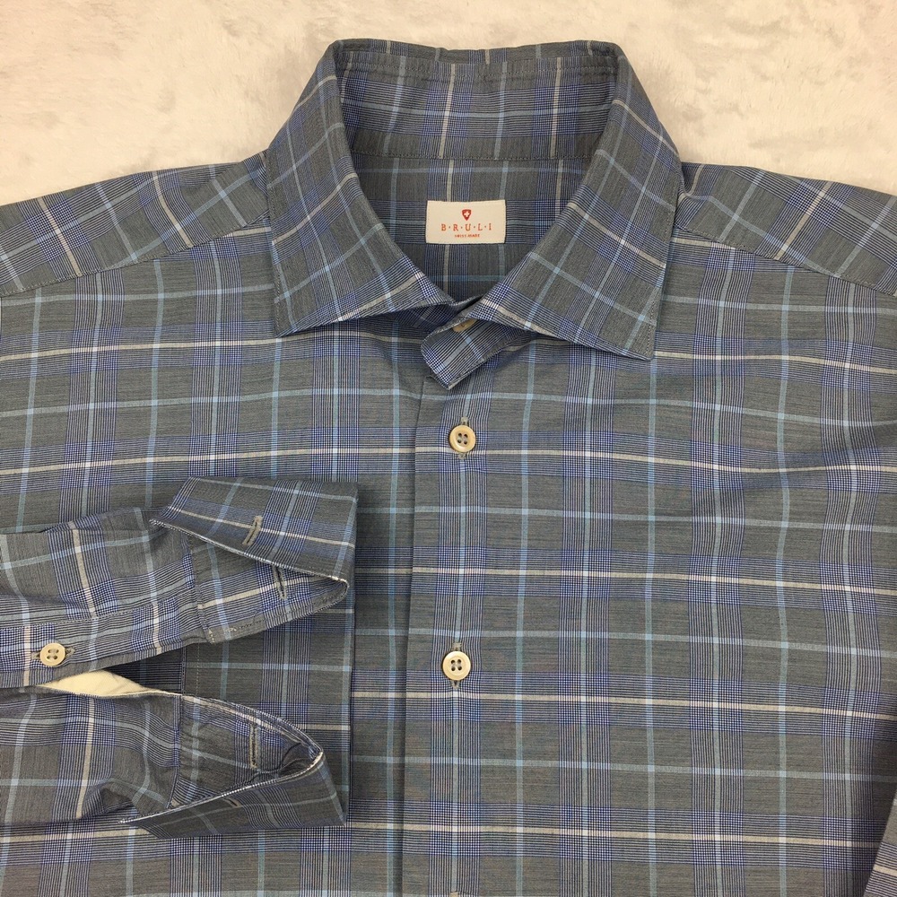 Bruli Dress Shirt Mens Large Gray w/Blue & White Checks French Cuffs